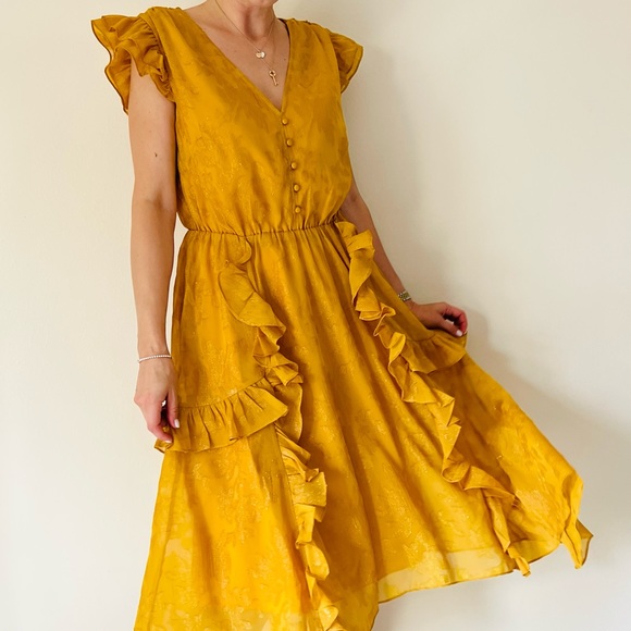 INC International Concepts Ruffled Button Front Midi Dress Yellow - Picture 2 of 12